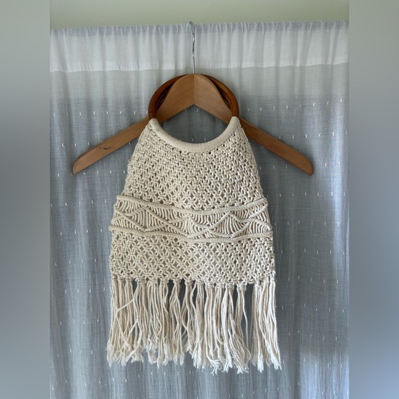 Handbags - Cream Macrame Fringe Handbag with Wooden Round Handles